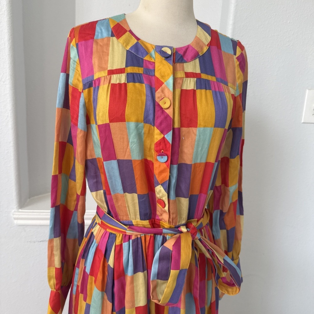 Maxi Dress M Colorblock Rainbow Belted Boho 80s Artsy Mod‎ Festival - Picture 3 of 14